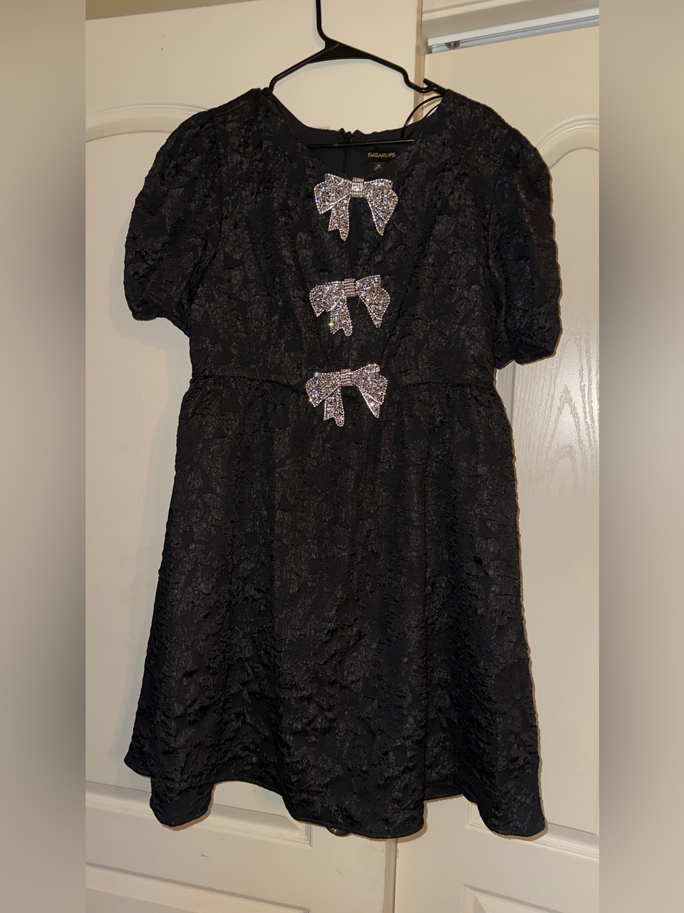 Sugarlips Black Lace Midi Dress with Sparkle Bow Accents